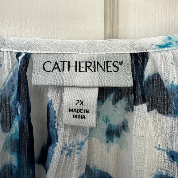 Catherines Blue Semi Sheer Peasant Blouse Womens Plus 2X V Neck Kimono Sleeve - Picture 2 of 9